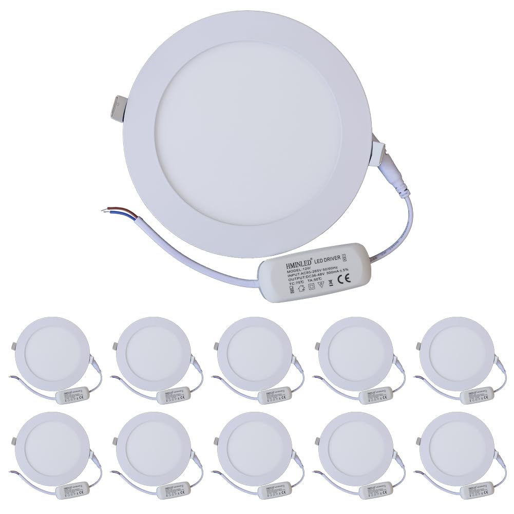 Photo 1 of HMINLED 6 Inch 12Watt Ultra-Thin Round LED Recessed Panel Light Lamp with Driver, 100 Watt Incandescent Equivalent, 6000K~6500K Cool White, Home, Office, Commercial Lighting Pack of 10