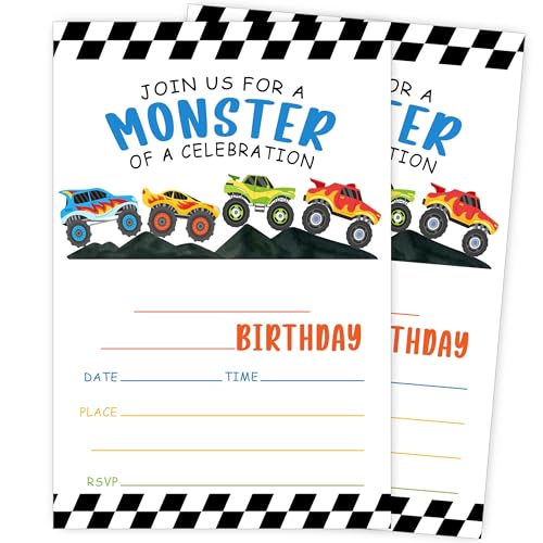 モンスタートラックの誕生日パーティーの招待状、モンスタートラックの誕生日の招待状、男の子や子供向けの両面招待状カード20枚、封筒付き、レーシングカーパーティーデコレーション用品-A26