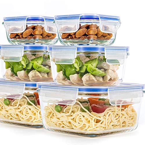 [ 6-Pack ] Glass Container for Food Storage with Airtight Lids, BPA Free, Square Meal Prep Containers