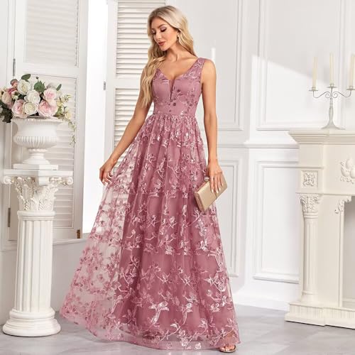 Image of Embroidery Tulle Maxi Formal Dresses V Neck Hight Waist Bridesmaid Dresses Dusty Rose Sleeveless Evening Prom Dresses, Medium