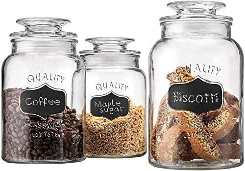 Glass Canister Set for Kitchen or Bathroom, Sugar Packet Holders,  Apothecary Glass Food Storage Jars with Airtight Lid and Chalkboard Labels  - Set of ...