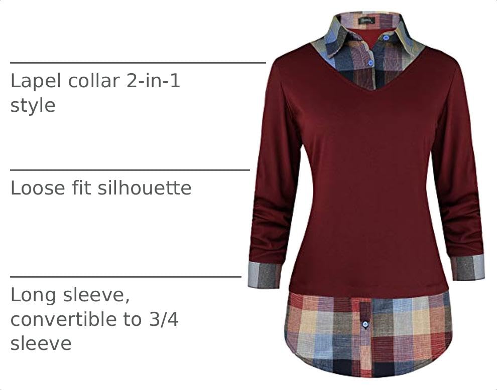 Image of Oyamiki Women's Casual Collared Curved Hem 2 in 1 Pullover Tops Plaid Contrast Shirt Blouse