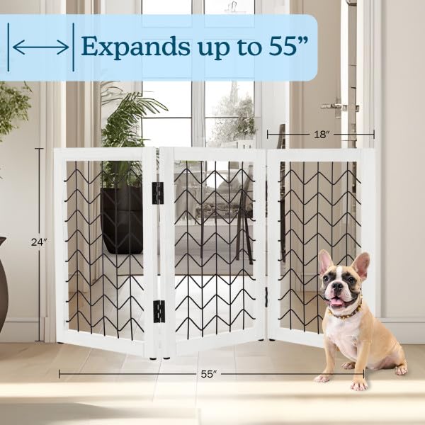 Freestanding Dog Gate - 3-Panel Foldable Indoor Pet Fence - 55x24-Inch Sturdy Metal and Wood Dog Gate - Pet Barrier for Stairs, Hallways, Doorways, or Small Openings by PETMAKER (White)