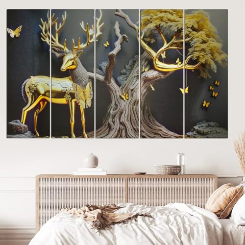 Image of Maxstone Goldan Deer Wall Painting Vastu Painting For Living Room,bedroom,Office Wall Painting Multiple Panals,Big Size Set of-5 (30x60 inch) M1386