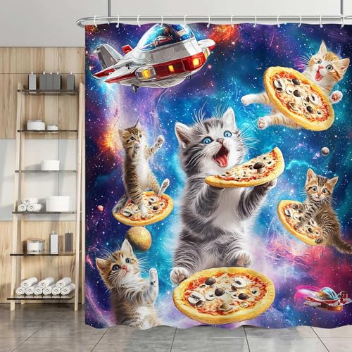 Image of Funny Shower Curtain, Galaxy Space Cute Cat Pizza Colorful Fabric Bathroom Accessories Decor Curtain, Cute Hilarious Anime Boys Girls Shower Curtains for Bathroom, with Hooks 72x72 Inch