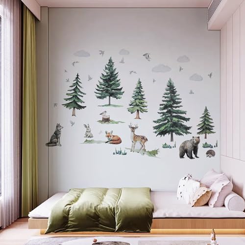 Large Pine Tree Wall Decals Tree Wall Stickers Forest Animal Bear Wall Stickers for Kids Bedroom Baby Nursery Home Decorations