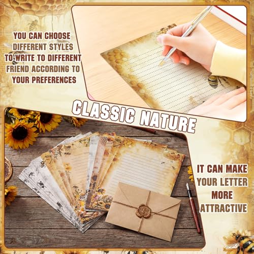 Image of TaoBary 160 Pcs Stationery Paper Set 50 Double Sided Stationery Paper with 50 Matching Envelope and 60 Round Dot Sticker, 10 Design (Vintage Bee Floral Butterfly,8.5 x 11 Inch)