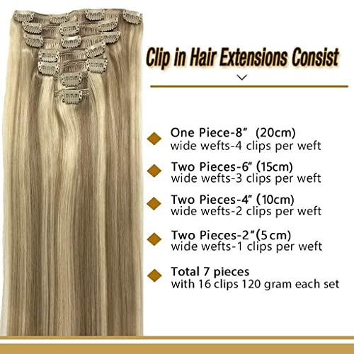 Goo Goo Clip-In Hair Extensions For Women, Soft & Natural, Handmade Real Human Hair Extensions,Light Blonde Highlighted Golden Blonde, Long, Straight #(P16/22), 7Pcs 120G 14 Inches #TOP2