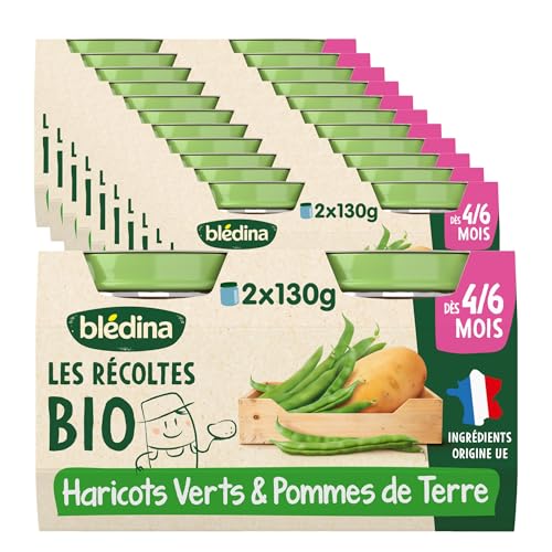 Blédina Les Récoltes Bio, Petits pots bébé Bio dès 4/6 Mois, Haricots verts, Pommes de terre, 2x130g (Lotx12)