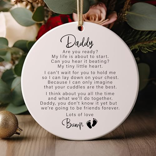 Image of Baby Bump Expecting Dad Keepsake Round Ceramic Pregnancy Announcement New Baby Daddy to Be Ornament