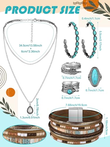 Image of Ecally Bohemian Western Jewelry Turquoise Set Women Country Pendant Long Choker Layered Bracelets Earrings Ring for Women