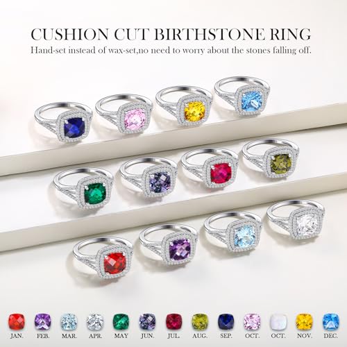 Birthstone Rings for Women 925 Sterling Silver Created Gemstone Cubic Zirconia Ring Heart/Pear/Round/Cushion/Emerald/Oval Engagement Double Halo Ring Size 6 to 103
