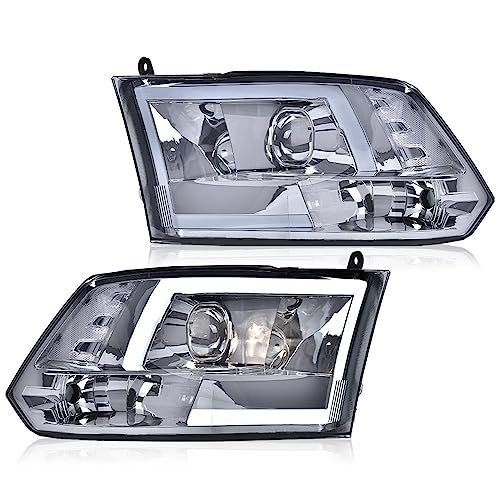 Image of GRAND ORANGE LED DRL Headlights Assembly, Compatible with 2009-2012 Dodge Ram 1500 2500 3500 Black Housing Head Lamps(Smoky lens Chrome Housing Clear Reflector)