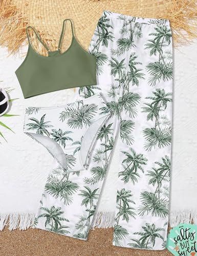 Image of NECIOUS Girls Swimsuit, 3 Piece Bikini Bathing Suit Tropical Floral Swimwear with Cover Up Pants 7-16Y