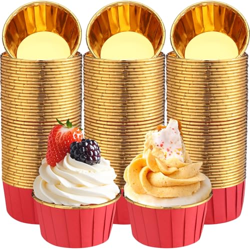Image of 300 Pack Red Gold Cupcake Liners Bulk Disposable Foil Muffin Cup