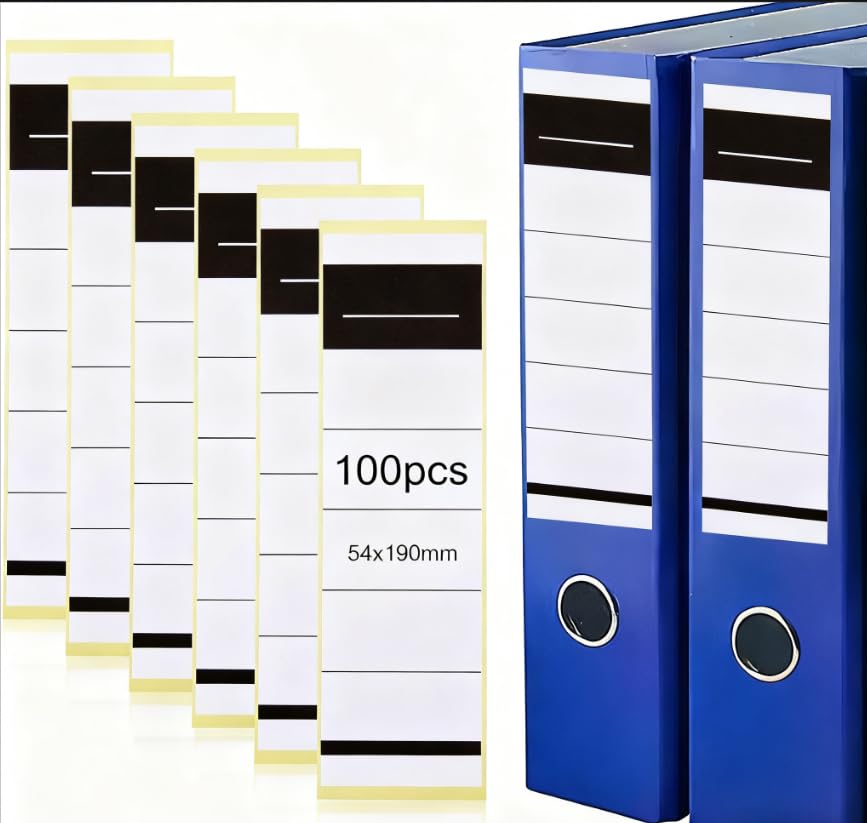 Pack of 100 Self-Adhesive Folder Labels, 54 x 190 mm, Lever Arch File Labels, self-Adhesive Folder Spines, Spine Stickers for 8 cm, Lever Arch Folders, Office and School, White