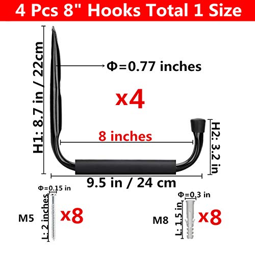Garage and Garden Storage Utility Hooks Heavy Duty Jumbo Arm Hanger (Black,4 Pcs 8