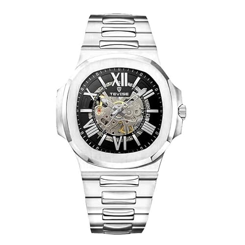 Men's Automatic Mechanical Watch, Silver Stainless Steel Band, Blue Roman Numerals, Skeleton Dial (Two-Tone Black and Silver)