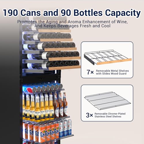 Image of Tylza 24'' Wine and Beverage Refrigerator, Dual Zone Wine Fridge with 190 Cans and 90 Bottles, Upgraded Compressor, Low-E Tempered Glass, Safety Lock, 2 In 1 Beverage Fridge for Home or Commercial