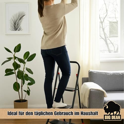 BigDean Trittleiter 3 Stufen klappbar Schwarz/Rot TÜV geprüfte Sicherheit Leiter bis 150 kg belastbar Tritt klappbar Haushaltsleiter Leiter 3 Stufen