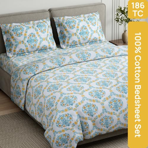 Image of Haus & Kinder King Size Bedsheet for Double Bed with 2 Pillow Covers 108 x 108 Inches | 186 TC Cotton Bedsheet for King Size Bed - Amber Orchard