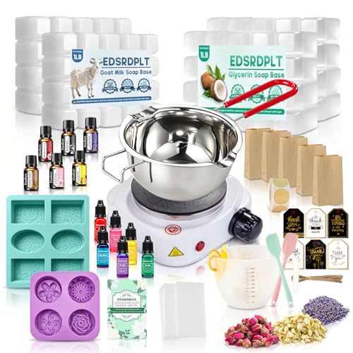 EDSRDRUS Premium Soap Making Kit for Adults - All-in-One DIY Soap Making Supplies with Melting Pot 4LB Goat Milk & Glycerin Soap Base 6 Essential Oils Colorants Dried Flowers & Molds