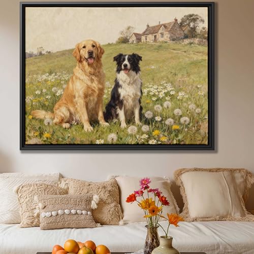 Watercolor Painting Dog Golden Retriever Border Collie Canvas Print Wall