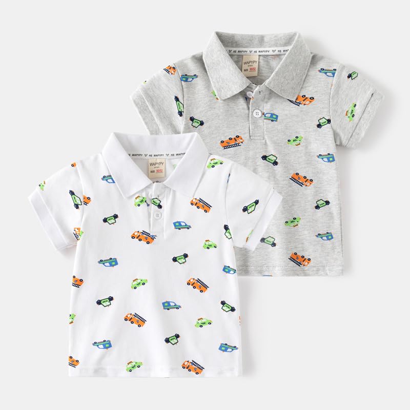 Meufam Toddler Baby Fashion Printed T-Shirts Lapel Button Little Kids Polo Shirt Short Sleeve Slim Fit Cartoon Print Top (White,130/5-6 Y,Unisex,Big Kid,US,Age,5 Years,6 Years)