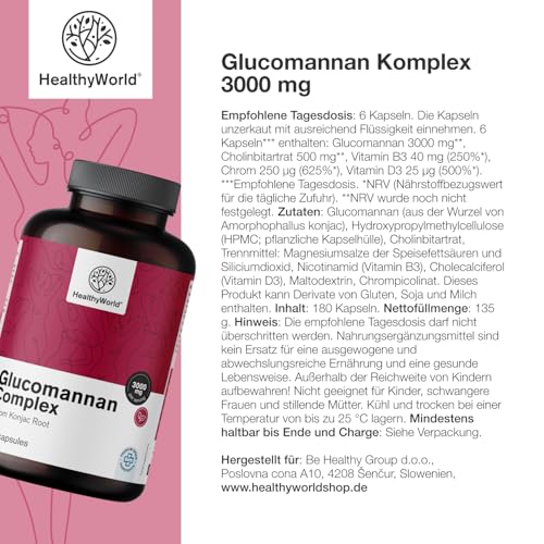 HealthyWorld® Complesso di glucomannano 3000 mg – Dalla Radice di Konjac - 180 capsule - Supporto per la perdita di peso - Con aggiunta di Colina, Cromo, Vitamine D3 e B3 - Senza OGM