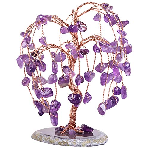 SUNYIK Handmade Amethyst Crystal Money Tree Set on Natural Agate Slice Base, Tree of Life Healing Crystals Chip Stone Bonsai Decoration Ornaments for Wealth and Lucky
