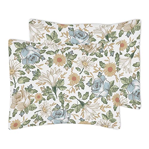 Image of Sweet Jojo Designs Vintage Floral Blue Yellow Girl Full Queen Bedding Set Kids Comforter Childrens Size - 3pcs - Slate Green Gold Orange Taupe Beige Shabby Chic Rose Flower Boho Bohemian Farmhouse