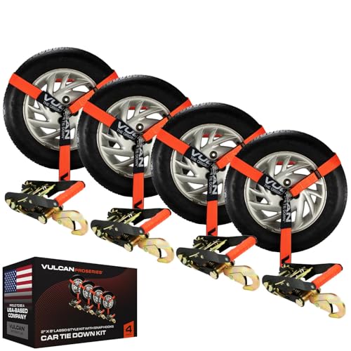 VULCAN Car Tie Down with Snap Hooks - Lasso Style - 2 Inch x 96 Inch - 4 Pack - PROSeries - 3 300 Pound Safe Working Load