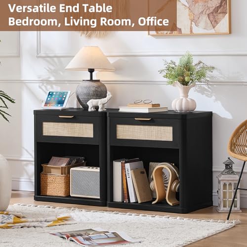 Image of LEYAOYAO Rattan Nightstands Set of 2 with Charging Station, Black Night Stand with Drawer, 23 inch Wide Boho Bedside Table with Storage Shelf, Bed Side End Tables for Bedroom, Living Room, Hallway