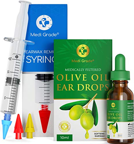 Medi Grade Kit de Jeringuilla para Limpieza de Oídos con Aceite de Oliva y 3x Puntas Suaves para Sacar Cera - Limpiador de Oídos Reutilizable - Limpia Oídos Profesional Casero - Mejora la Audición
