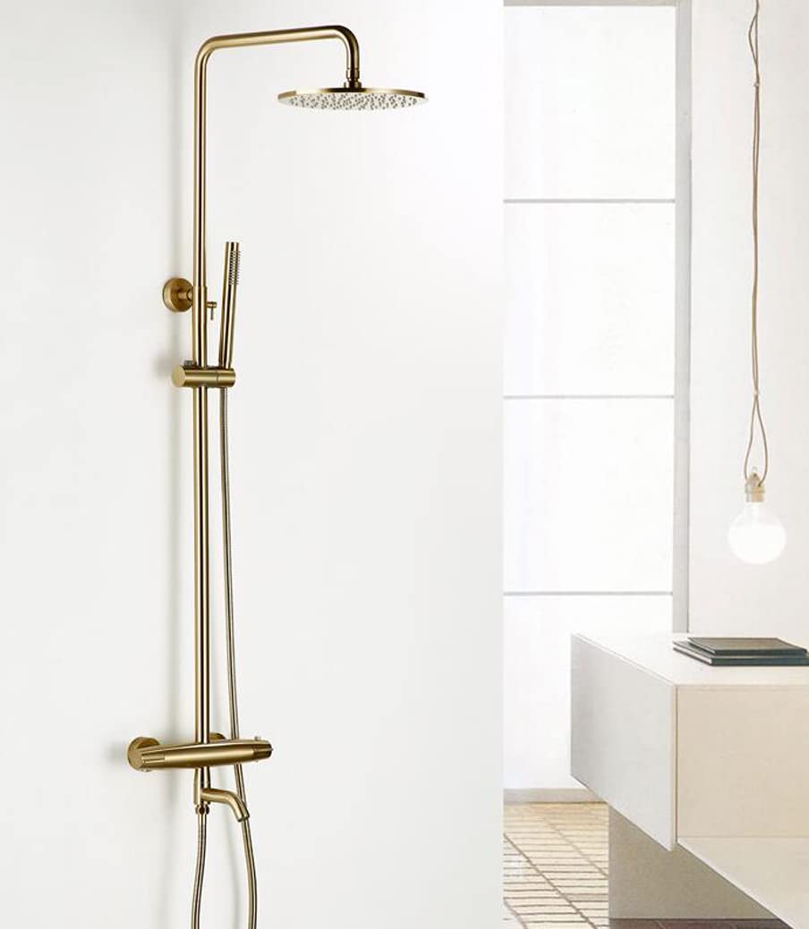 Sistema de ducha, grifos de ducha termostáticos montados en la pared de oro cepillado conjunto mezclador inversor de latón ducha de baño con ducha de lluvia de 8 pulgadas y ducha de mano, juego