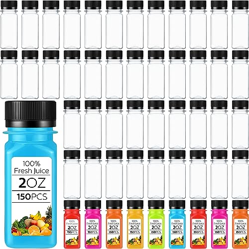 Sliner 150 Pcs 2oz Clear Plastic Bottles Mini Juice Bottle with Screw Lid Small Empty Reusable Liquid Vial Freezer Beverage Container Leak Proof for Juice Milk Water