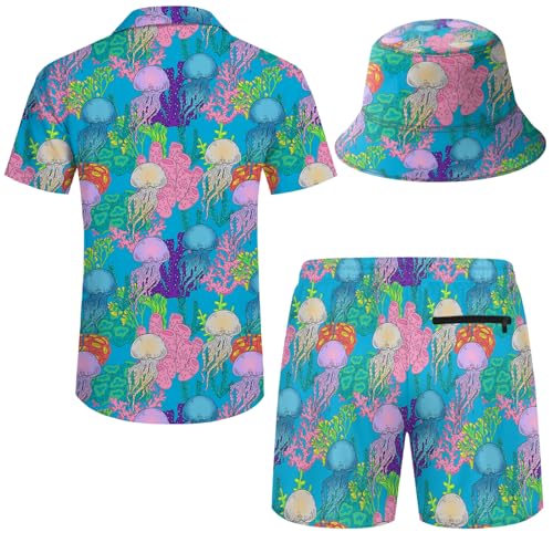 Mens 2 Piece Tracksuit Hawaiian Button Down Shirt and Compression Liner Shorts Sets with Bucket Hats2