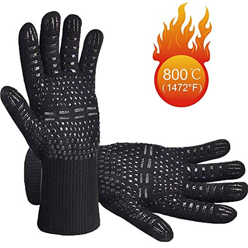WenderGo BBQ Gloves Grilling Gloves Heat Resistant，Oven Gloves Heat Resistant Up to 800 ℃ / 1472 ℉ with EN407 Certified for BBQ, Grill, Cooking, Baking, Welding, Black (1 Pair)