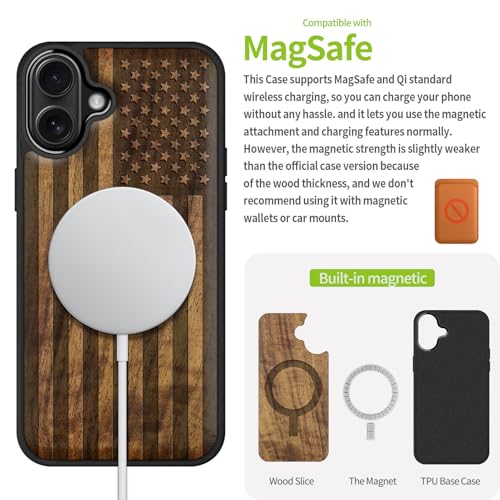 Image of Carveit Wood Case for iPhone 16 Plus, The Classic American Flag, Walnut | Magnetic iPhone 16 Plus Case Compatible with MagSafe Wireless Chargers, Engraved Wood with Soft TPU Shockproof Bumper