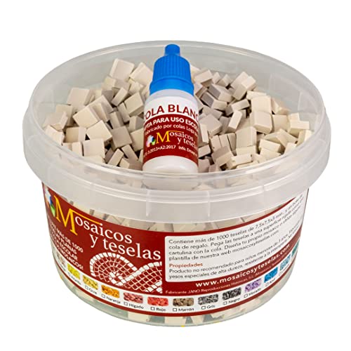 Cubo 1000 teselas blancas para mosaico planas de 7,5x7,5x3 mm. + regalo cola blanca uso escolar