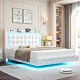 Keyluv Upholstered Queen Floating Bed Frame with LED Lights and Charging Station, Pu Leather Platform Bed with Button Tufted Storage Headboard, Type-C & USB Charging Ports, No Box Spring Needed, White