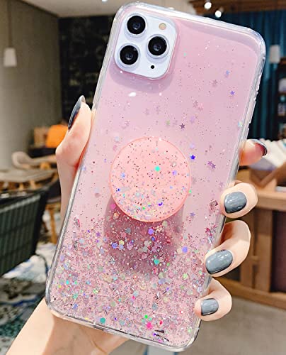 Coque béquille iPhone 15 antichoc fine en silicone rose à paillettes