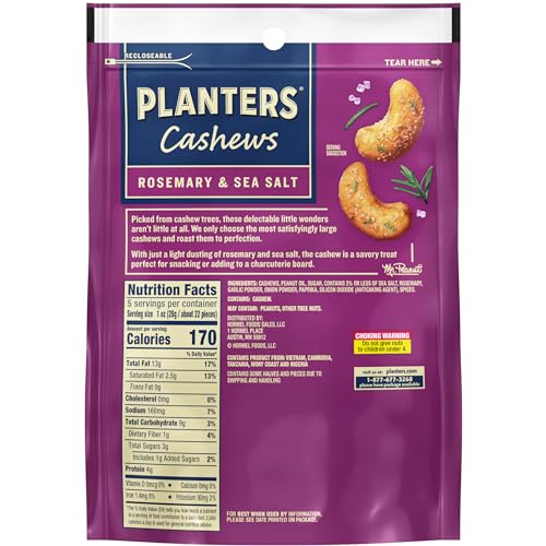 Image of PLANTERS Cashews Rosemary & Sea Salt, Party Snacks, 5 Oz Bag (Pack of 2)