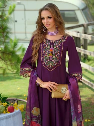Image of INDO ERA Women's A-Line Silk Blend Floral Embroidered Kurta & Pant with Dupatta Set (IEOUT10970)