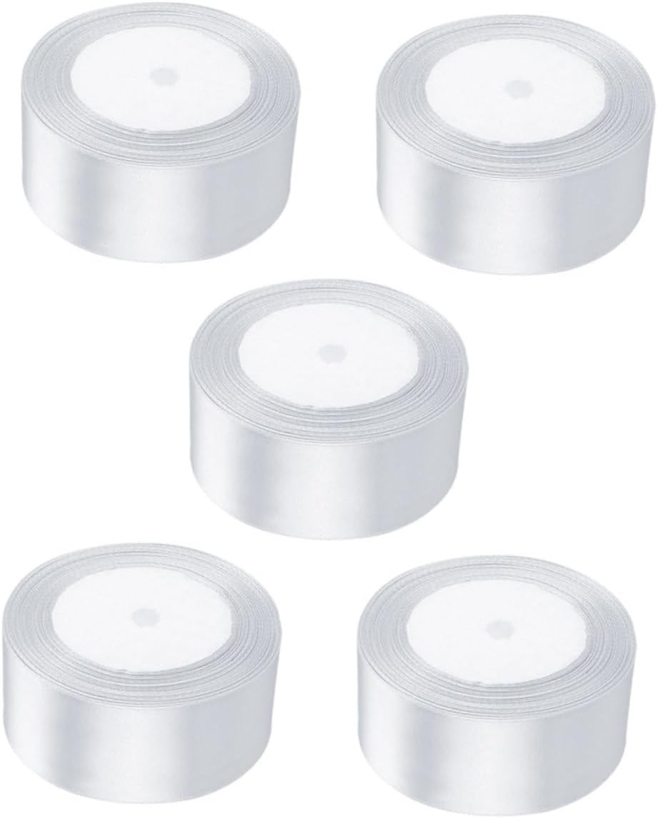 Mipcase White Satin Ribbon 5pcs Set for Wrapping and DIY Crafts, Polyester Decorative Ribbon Trim for Wedding Bouquets, Christmas Decorations, Present Wrap Embellishments