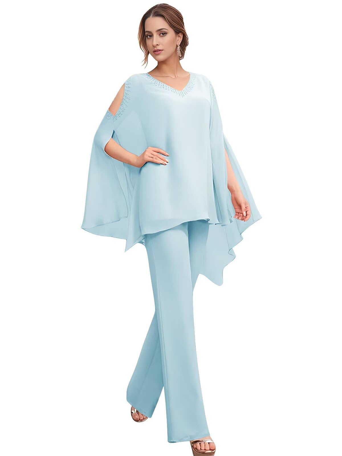 2 Pieces Mother of The Bride Pant Suits for Wedding Guest - Chiffon Beaded Cape Long Sleeve Formal