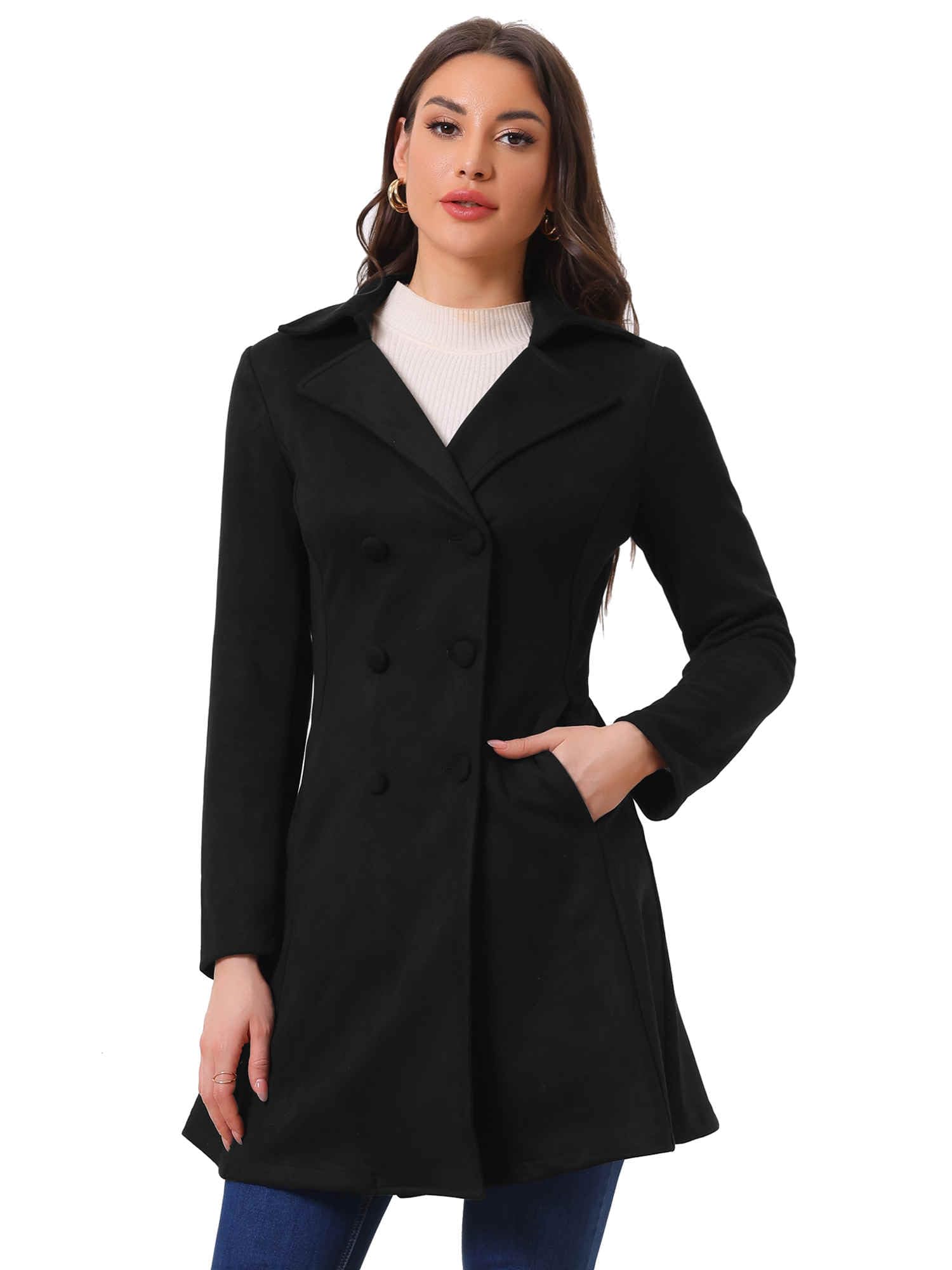Allegra K Womens Faux Suede Jacket Double Breasted Notched Lapel Winter Long Trench Coat