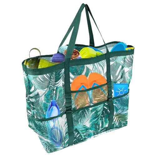 Mesh Beach Bags, Extra Large Beach Tote Bags with 4 Pockets and Zipper, Foldable Beach Tote Sandproof Tote Bags Oversized Beach Bag Swimming Pool Bags with Hand Strap Pool Bags for Beach/Pool Trip