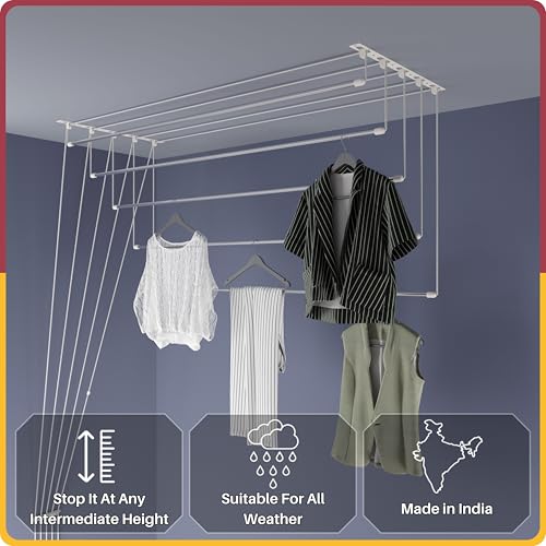 Image of Amiraj Individual Drop Down Ceiling Clothes Drying Stand | Heavy Duty Stainless Steel Cloth Dryer | UV Protected Nylon Ropes | Rust Proof Space Saving Laundry Rack | 5 Pipes, 4 Feet | Balcony & Indoor