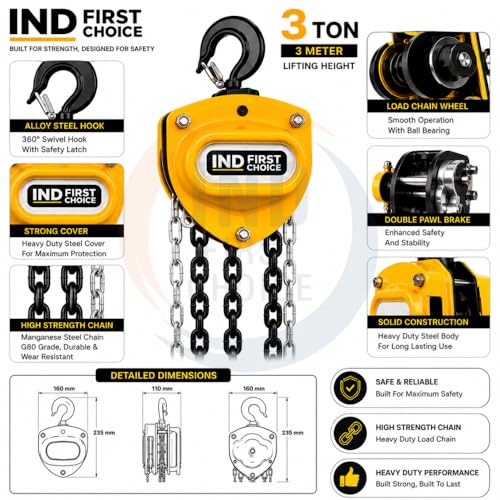 Image of 3 Ton 3 Meter Chain Pulley Block Heavy Duty Manual Chain Hoist for Industrial Lifting, Workshop, Warehouse & Construction Use